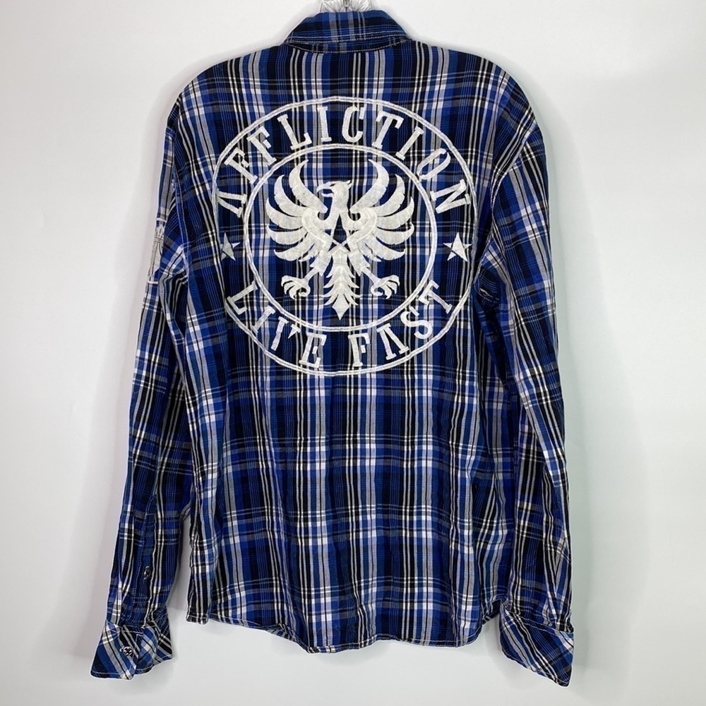 Affliction Motor Club Black Premium Blue Plaid Button Up Shirt Size Large